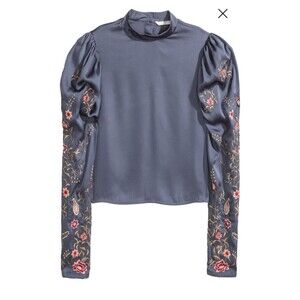 NWT H&M Gray Sz 6 Button Up Floral Embroidered Puff Sleeve Blouse Top Satin‎
